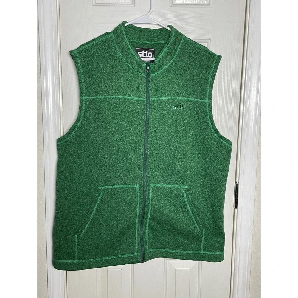 Stio Wilcox Fleece Vest Mens XXL Green Heather Full Zip Recycled Sweater Knit